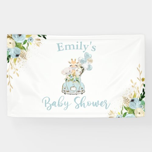 Blue Floral Safari Animals Drive By Baby Shower Banner