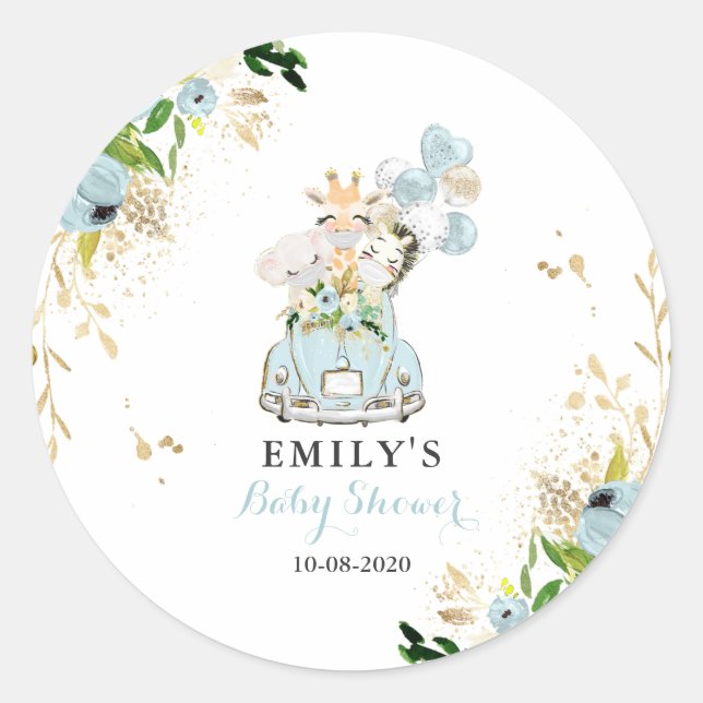 Blue Floral Safari Animals Drive By Baby Shower Classic Round Sticker (Front)