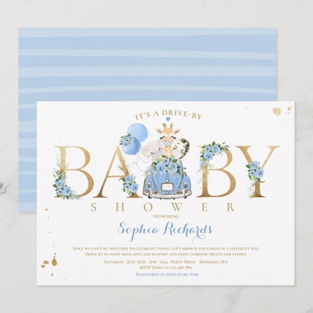 Blue Floral Safari Animals Drive By Baby Shower Invitation (Front/Back)