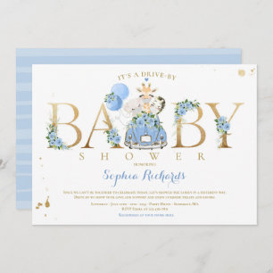 Blue Floral Safari Animals Drive By Baby Shower Invitation