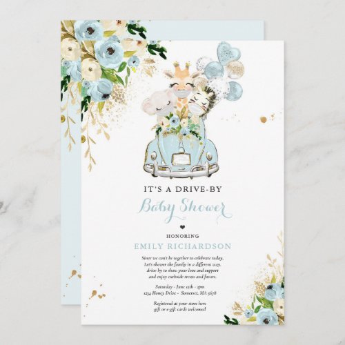 Blue Floral Safari Animals Drive By Baby Shower Invitation