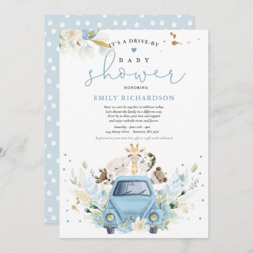 Blue Floral Safari Animals Drive By Baby Shower Invitation