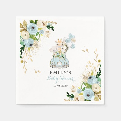 Blue Floral Safari Animals Drive By Baby Shower Napkins