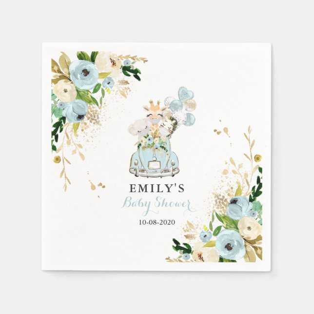 Blue Floral Safari Animals Drive By Baby Shower Napkins (Front)