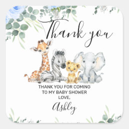 Blue Floral Safari Baby Shower Thank You Square Sticker