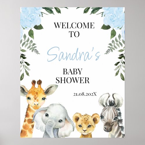 Blue Floral Safari Baby Shower Welcome Sign