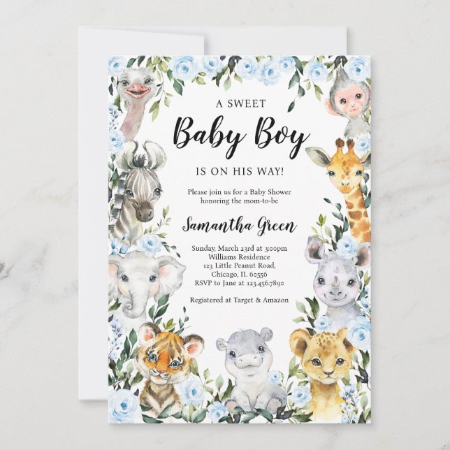 Blue Floral Safari Jungle Baby Shower Invitation (Front)