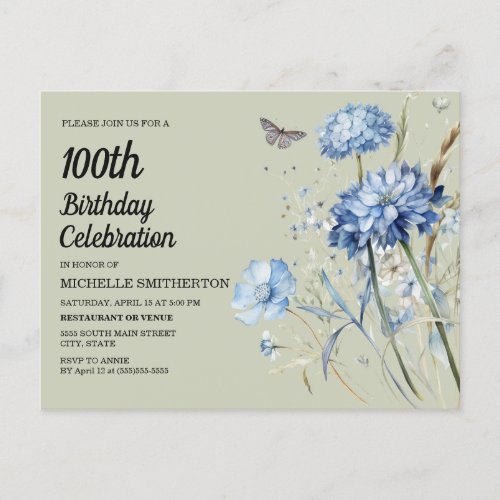 Blue Floral Sage Green Womens 100th Birthday Invitation Postcard