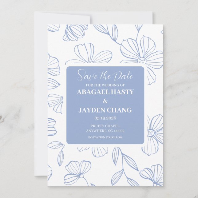 Blue Floral Save the Date Invitation (Front)