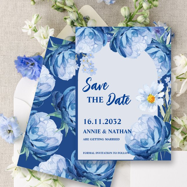 Blue Floral Save the Date | Wedding Announcement (Trendy Pretty Blue Florals Wedding Save the Date Invitation)