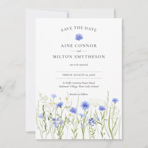 Blue floral save the date wildflower wedding invitation