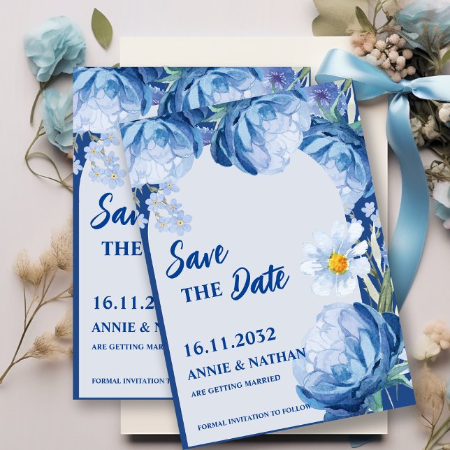 Blue Floral Save the Date with Floral Frame (Pretty Blue Florals Trendy Wedding Save the Date Invitation)