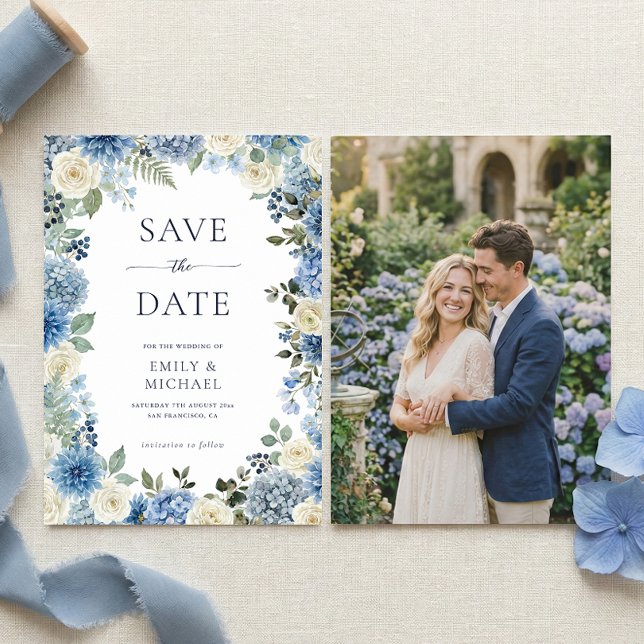 Blue Floral Save The Date With Photo Flat Card (Creator Uploaded)