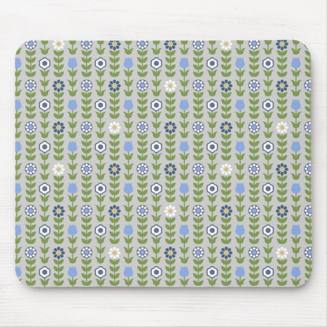 Blue Floral Scandinavian Folk Pattern Mouse Pad (Front)