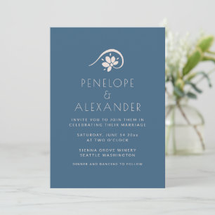 Blue Floral Scandinavian Modern Minimal Wedding Invitation