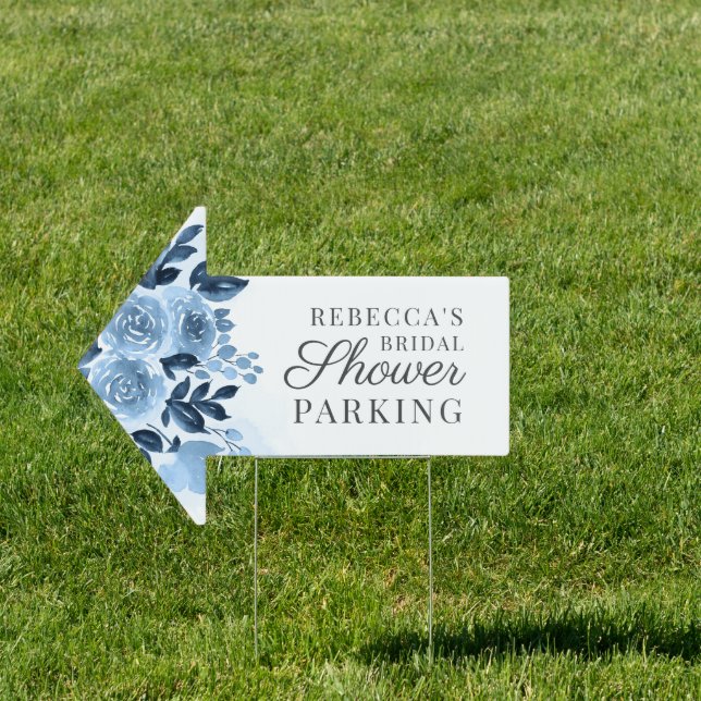 Blue Floral Script Bridal Shower Parking Sign (Insitu)