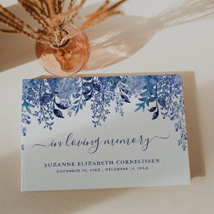 Blue Floral Script In Loving Memory Guest Book