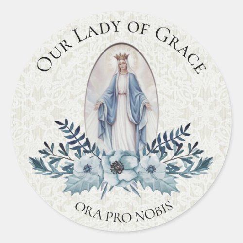 Blue Floral Scripture  Virgin Mary  Lace Classic Round Sticker