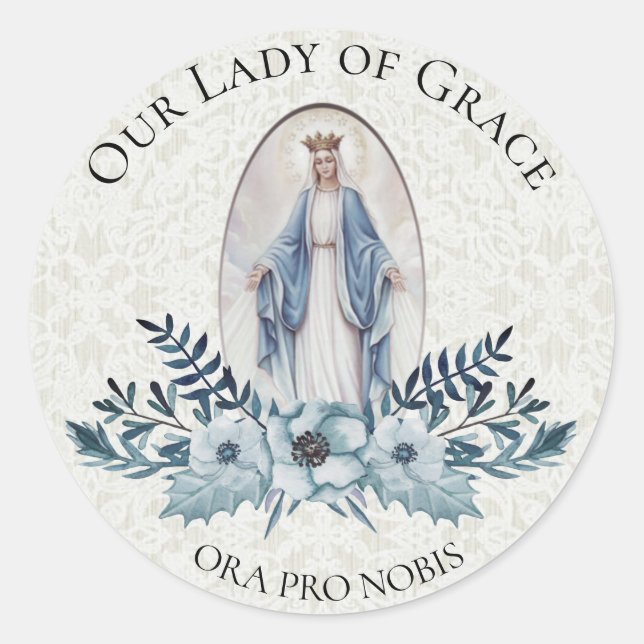 Blue Floral |Scripture | Virgin Mary | Lace Classic Round Sticker (Front)