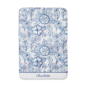 Blue floral seamless pattern personalized name bath mat