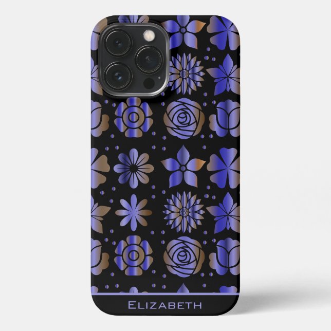 Blue floral seamless pattern personalized name iPhone case (Back)