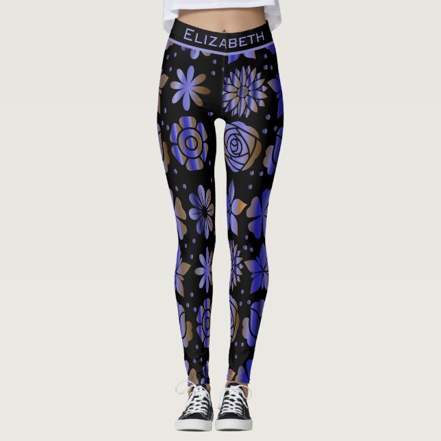Blue floral seamless pattern personalized name  leggings (Front)