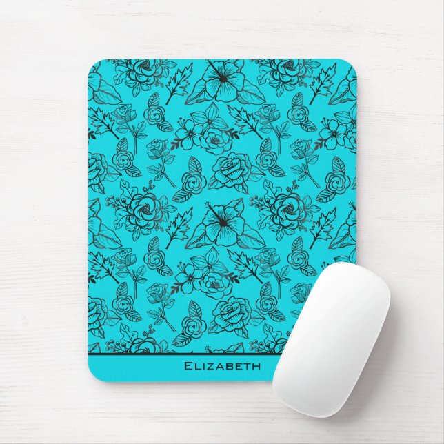Blue floral seamless pattern personalized name mouse pad (With Mouse)