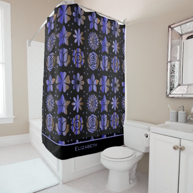 Blue floral seamless pattern personalized name shower curtain (In Situ)