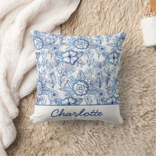 Blue floral seamless pattern personalized name  throw pillow