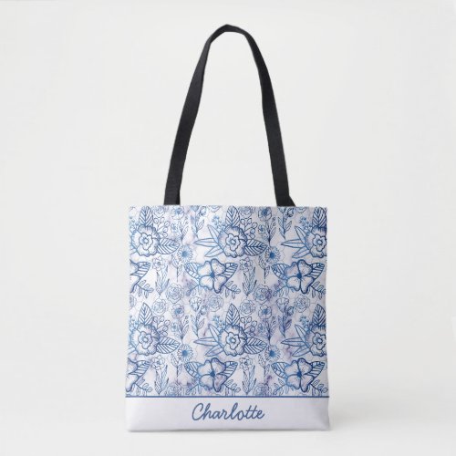 Blue floral seamless pattern personalized name  tote bag