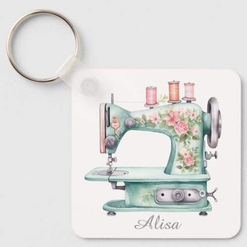 Blue Floral Sewing Machine Keychain