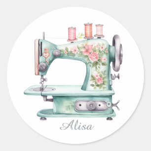 Blue Floral Sewing Machine Round Stickers