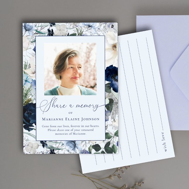 Blue Floral Share a Memory Celebration of Life Enclosure Card (Creator Uploaded)