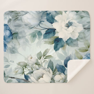 Blue Floral Sherpa Fleece Luxury Blanket