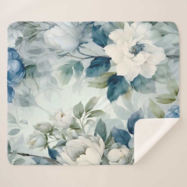 Blue Floral Sherpa Fleece Luxury Blanket (Front (Horizontal))