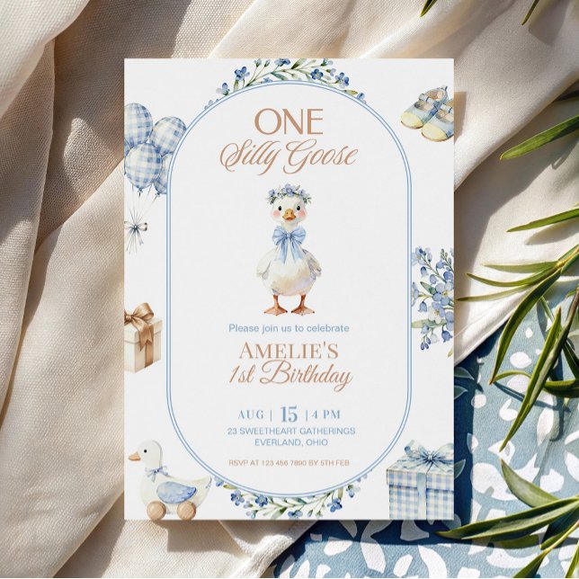 Blue Floral Silly Goose Birthday Invitation (Creator Uploaded)