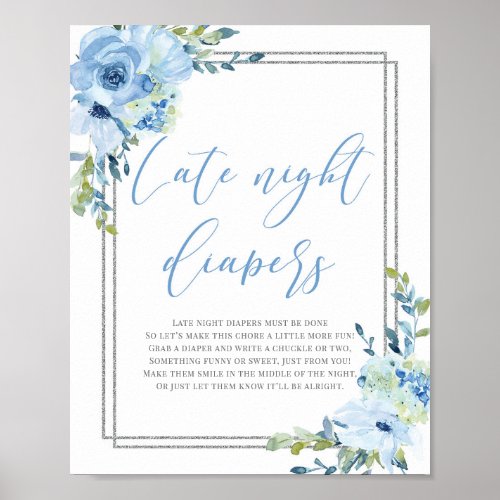 Blue floral silver boho late night diapers sign
