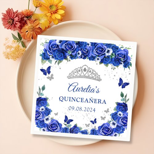 Blue Floral Silver Butterflies Quinceanera Napkins