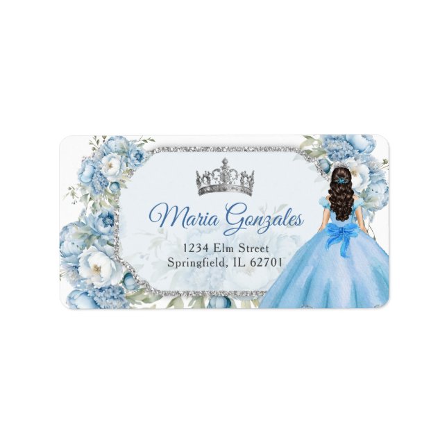 Blue Floral Silver Crown Quinceañera Address Label (Front)