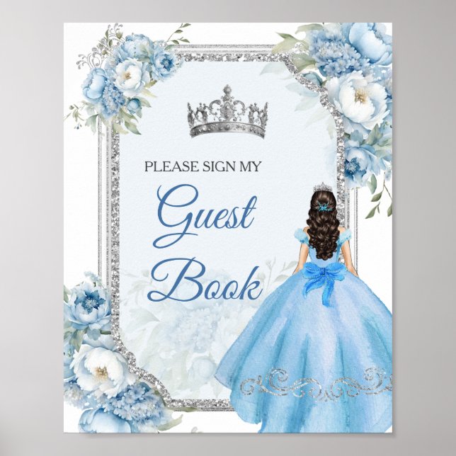Blue Floral Silver Crown Quinceañera Guest Book (Front)