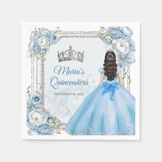 Blue Floral Silver Crown Quinceañera Paper Napkins (Front)