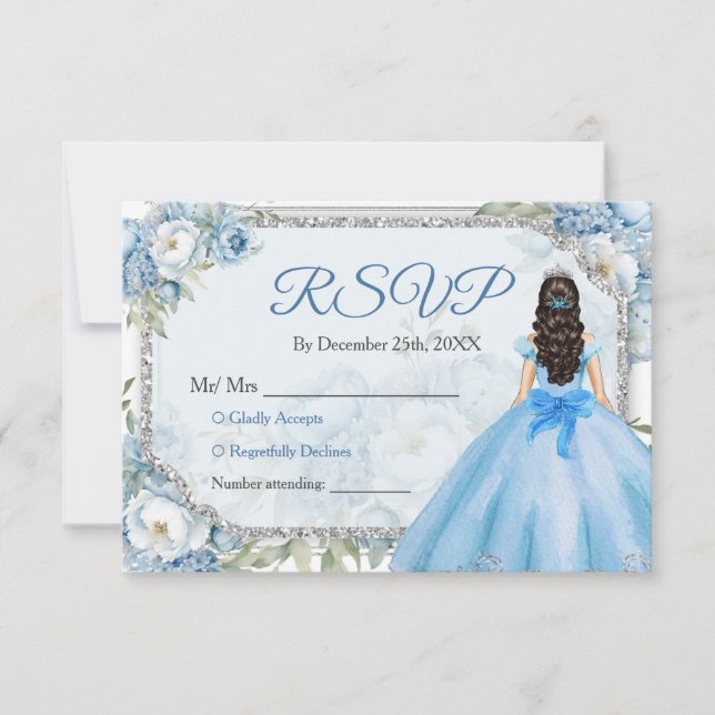 Blue Floral Silver Crown Quinceañera Rsvp Thank You Card (Front)