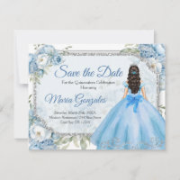 Blue Floral Silver Crown Quinceañera Save the Date