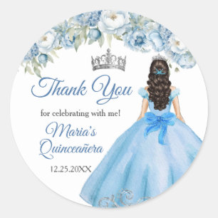 Blue Floral Silver Crown Quinceañera Thank You Classic Round Sticker