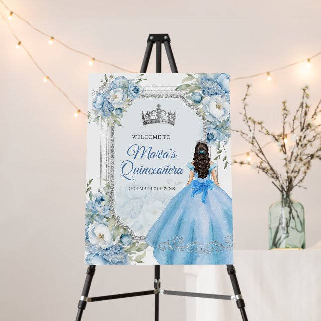 Blue Floral Silver Crown Quinceañera Welcome Foam Board (In Situ (Stand))