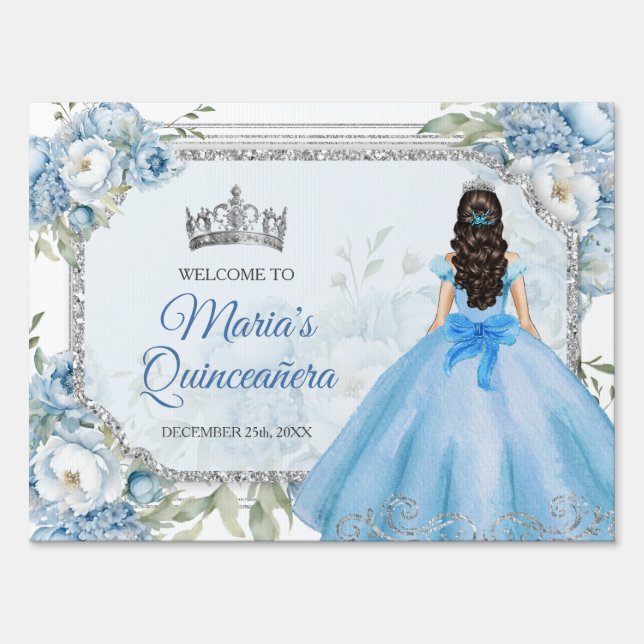 Blue Floral Silver Crown Quinceañera Welcome Sign (Front)