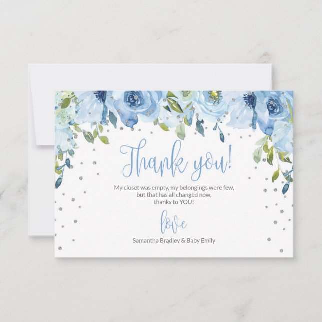 Blue floral silver glitter baby shower thank you card (Front)
