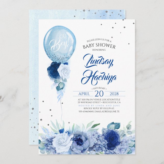 Blue Floral Silver Glitter Balloon Baby Shower Invitation (Front/Back)