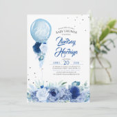 Blue Floral Silver Glitter Balloon Baby Shower Invitation (Standing Front)