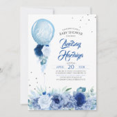 Blue Floral Silver Glitter Balloon Baby Shower Invitation (Front)